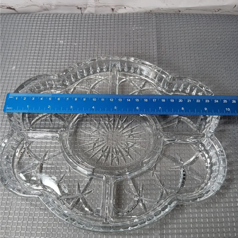 Laura Glass Tiffany Pattern 5 Section Divided Crystal Platter Tray Portugal